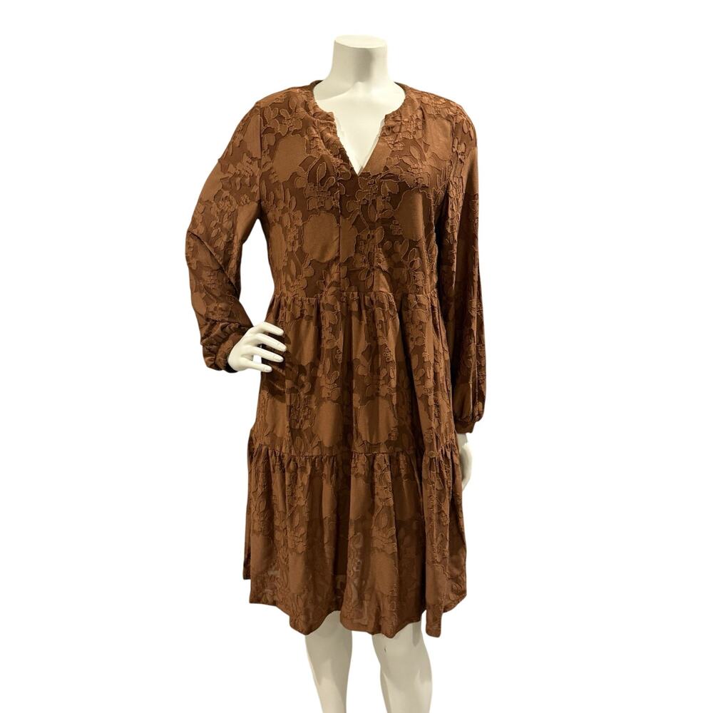 North Style Brown Jacquard Burnout Tiered Dress Boho Stretchy Classy Size Small